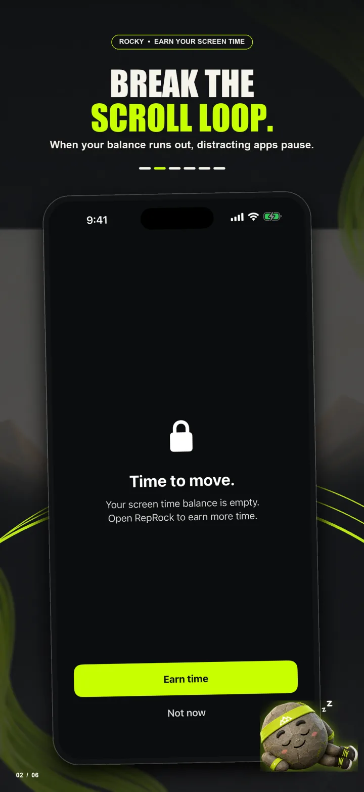 RepRock blocked-app screen prompting the user to move and earn more time