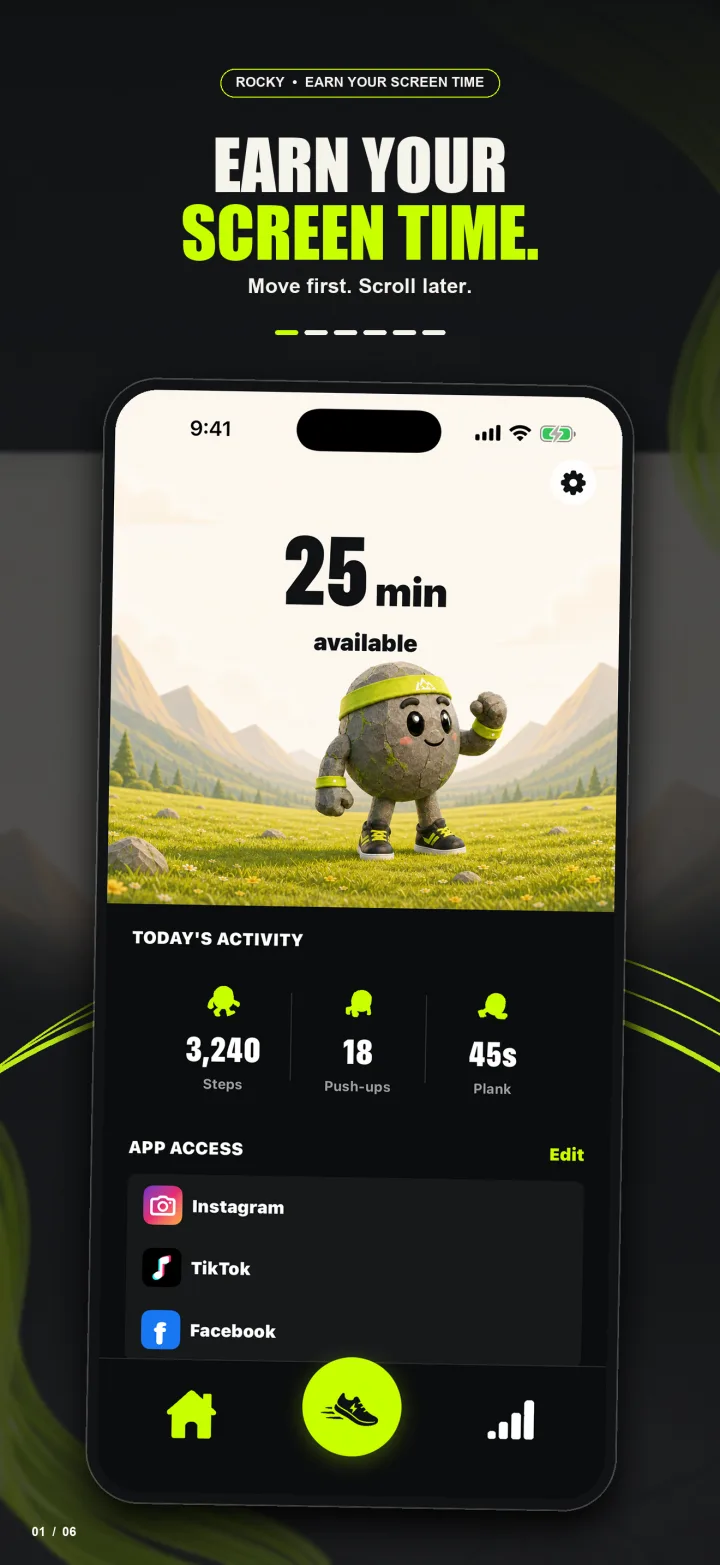 RepRock home screen showing available screen time, today's movement, and selected apps