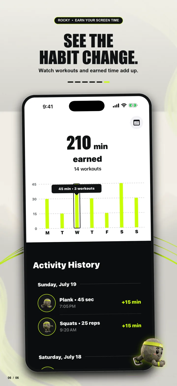 RepRock progress screen showing earned minutes and activity history