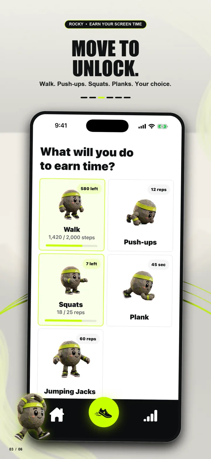 RepRock earn screen offering walking, push-ups, squats, planks, and jumping jacks
